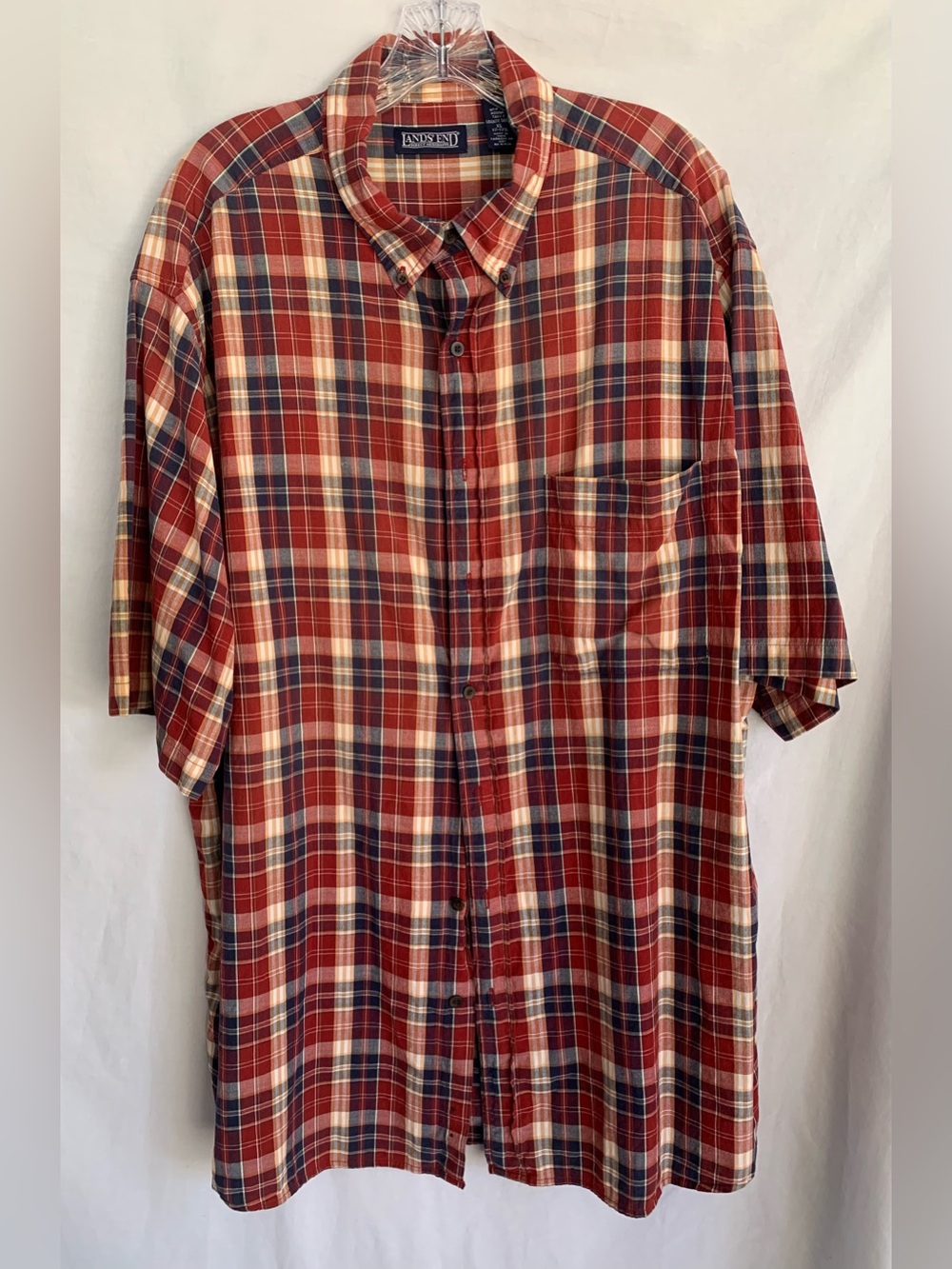 Lands' End Tall Red and Navy Plaid Short-Sleeve Button-Down Shirt